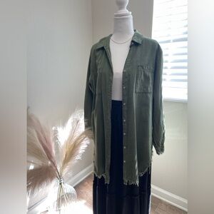 100% Cotton Army Green Tunic Fringe Button Up